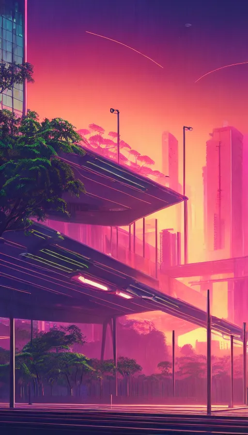 Image similar to a beautiful photorealistic painting of building metro station by john william casilear, gem retrowave meadow vaporwave bladerunner 2 0 4 9 sunset saturn junglepunk reclaimed by nature rainforest landscape poppy darkacademia synthwave, archdaily, wallpaper, highly detailed, trending on artstation.