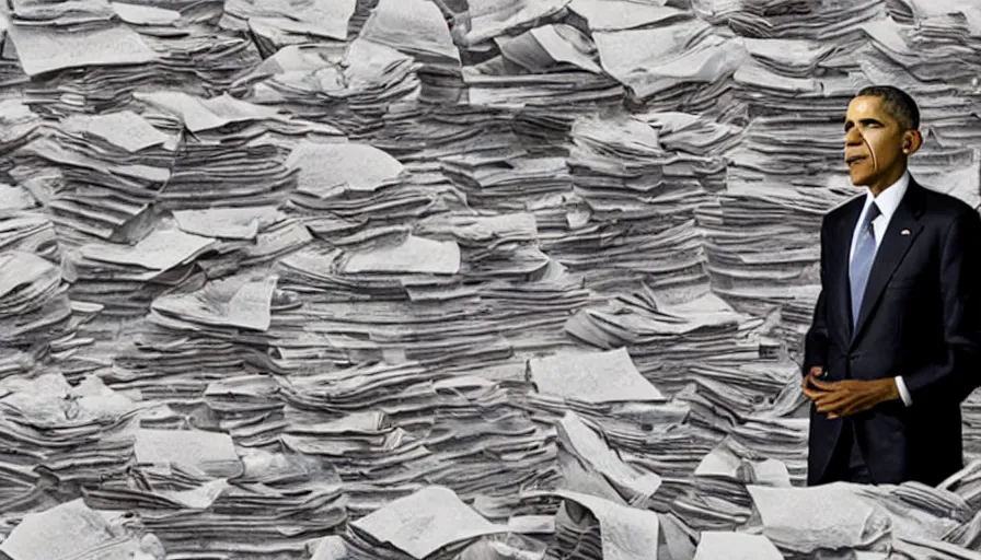 Prompt: obama nervously standing by a mountain of papers, cnn news footage, 8 k.