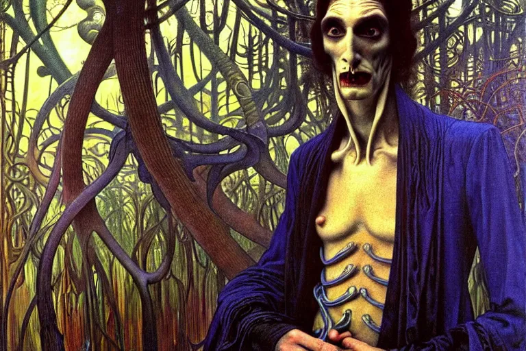 Image similar to realistic extremely detailed portrait painting of an elegantly creepy vampire man dressed as dracula, futuristic sci-fi forest on background by Jean Delville, Amano, Yves Tanguy, Alphonse Mucha, Ernst Haeckel, Edward Robert Hughes, Roger Dean, rich moody colours, blue eyes