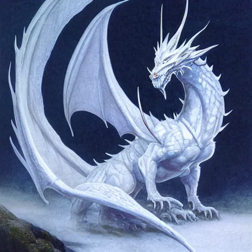 Image similar to a white dragon breathing frost, dungeons and dragons, digital art, by John Howe and Alan Lee and Larry Elmore