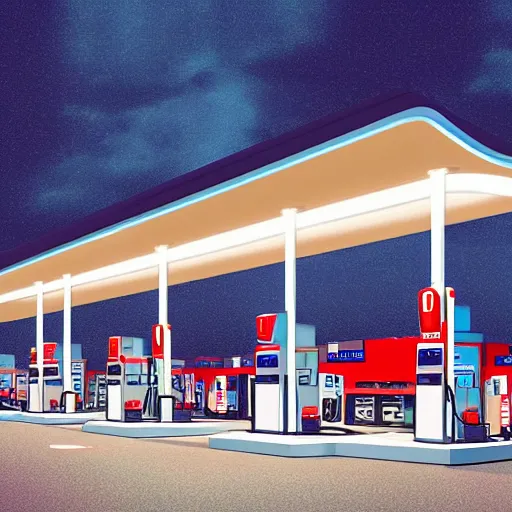 Image similar to a digital rendering of a gas station at night by emiliano ponzi