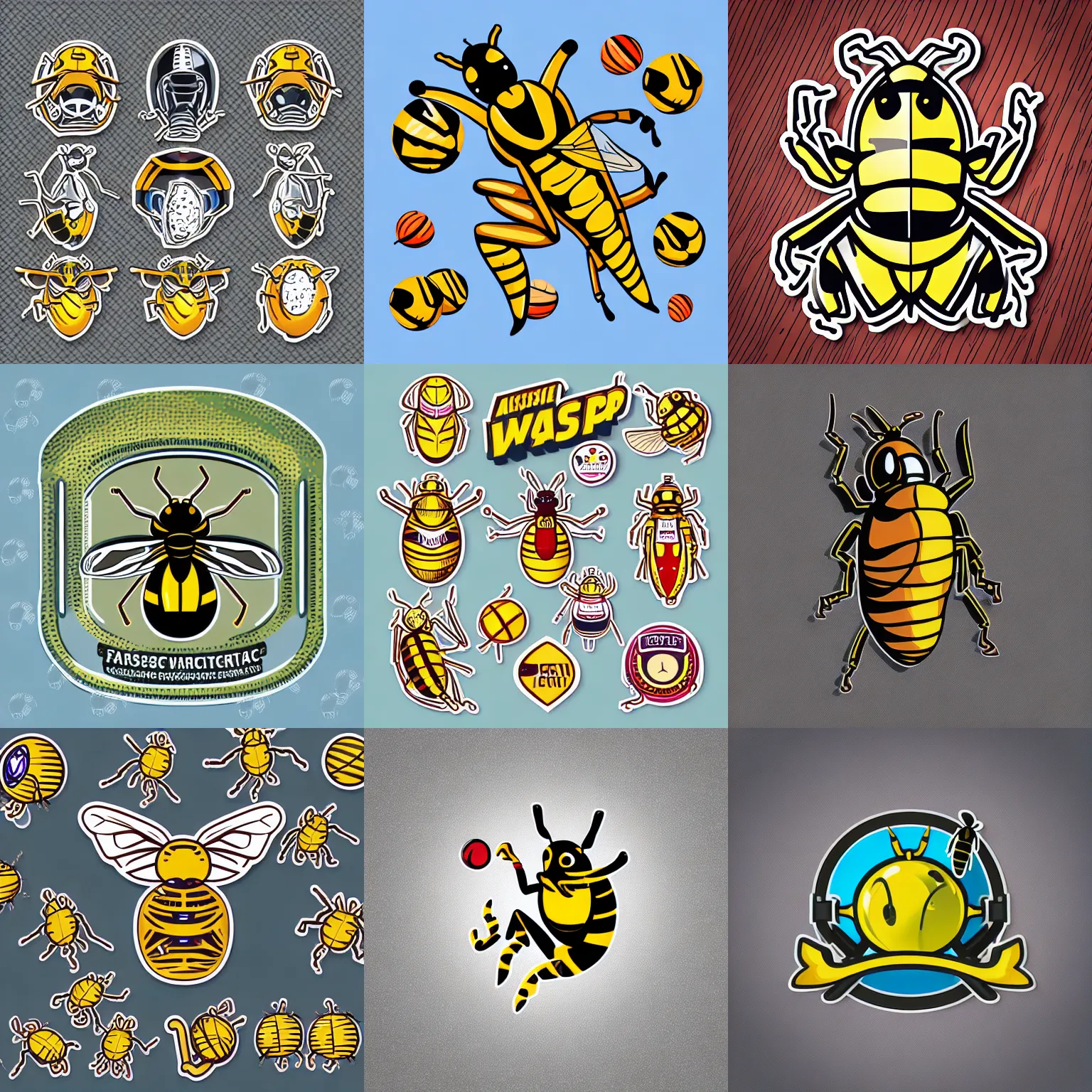 Prompt: “ aggressive wasp stinging a cricket ball, full body mascot, sticker, highly detailed, colorful, illustration, smooth and clean vector curves, no jagged lines, low noise, vector art, logo ”