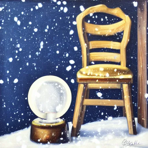 Image similar to A vintage wooden chair and falling snow inside of a snow globe. Acrylic on canvas