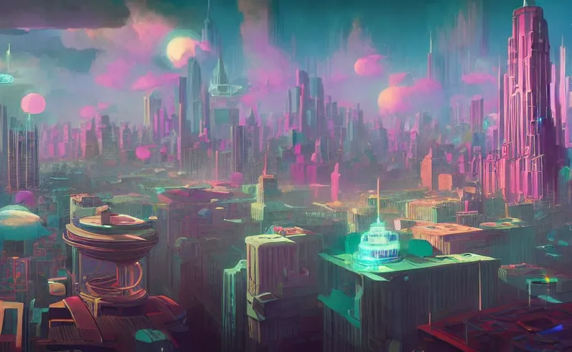 Image similar to Wide angle shot of a city with holographic fishes floating in the sky by Petros Afshar, James Gilleard, Mark Ryden, Wolfgang Lettl highly detailed, Dark cineamtic and atmospheric lighting