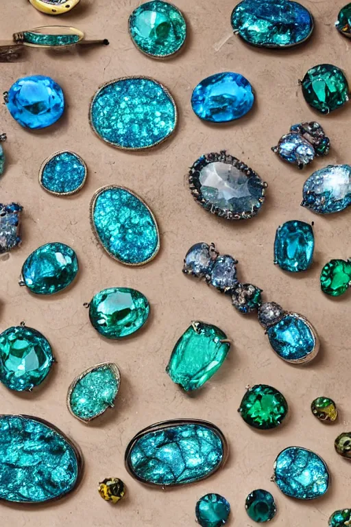 Image similar to a desk full of blue and green diamonds