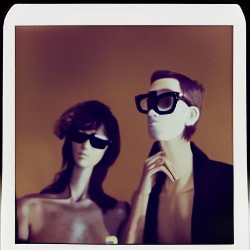 Prompt: vaporwave, grainy portrait polaroid film photograph of a schoolbook where everyone is wearing sunglasses and super serious. one of them is a mannequin. super resolution. extremely detailed. polaroid 6 0 0 film. by annie leibovitz and richard avedon