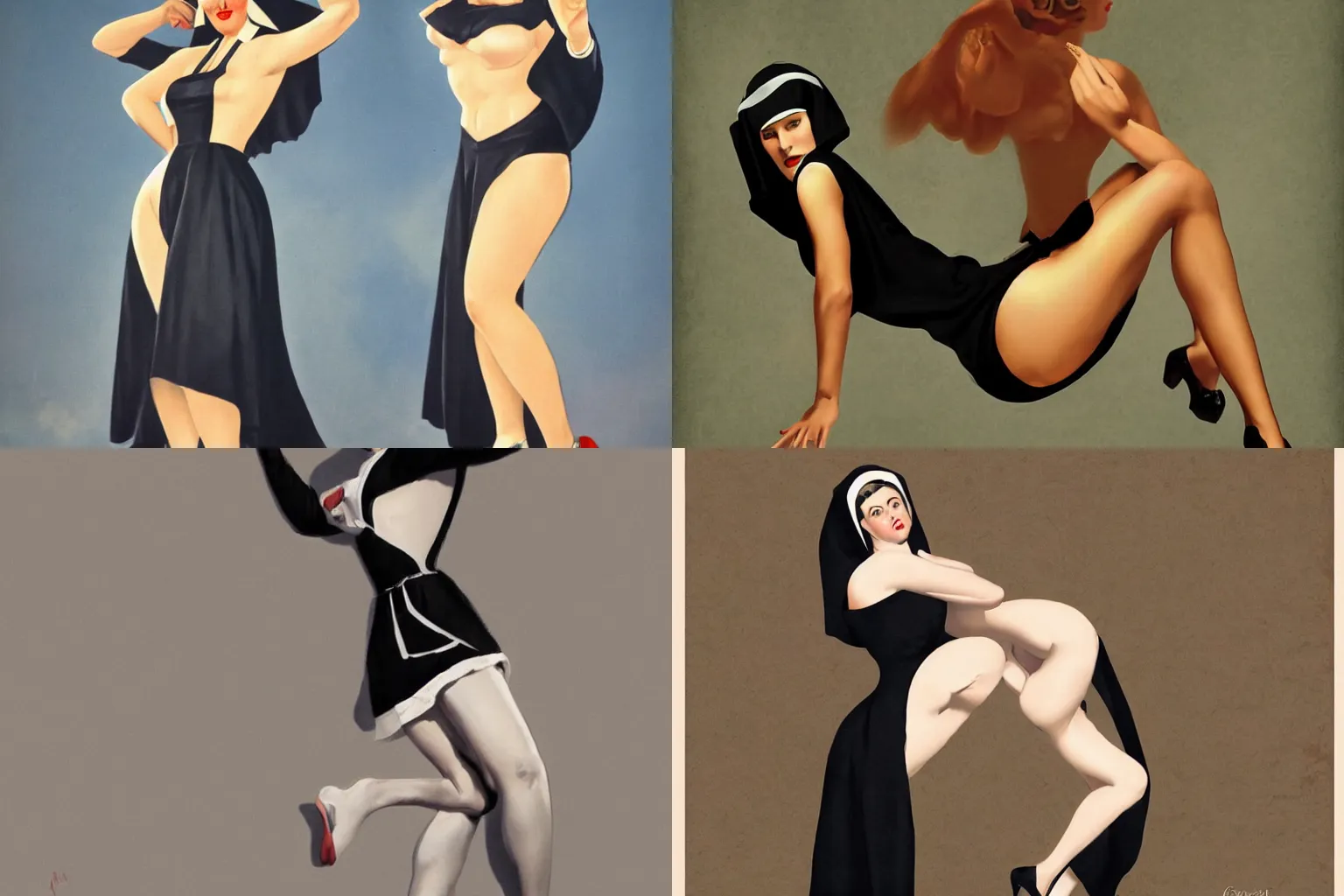 Prompt: a full-body pin-up of a nun in the style of Gil Elvgren