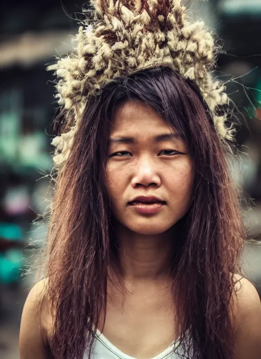 Image similar to Mid-shot portrait of a beautiful woman in her 20s from Indonesia, with long hair, candid street portrait in the style of Martin Schoeller award winning, Sony a7R