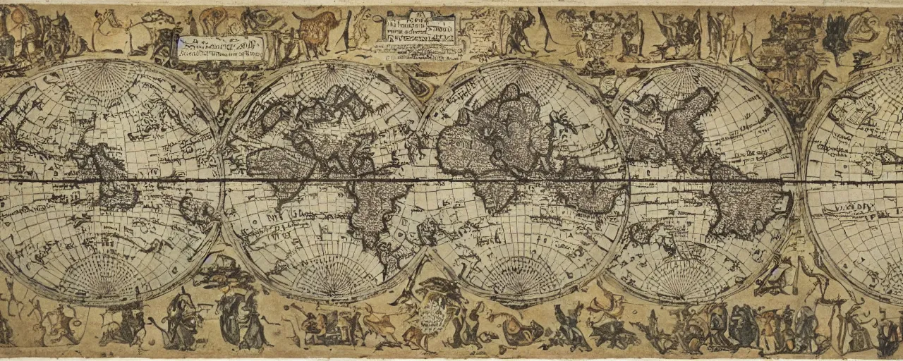 Prompt: highly detailed ancient map of the world, flat earth model, beautiful caligraphy and notations, detailed illustrations, ancient lost artefacts, 3 5 mm film photo