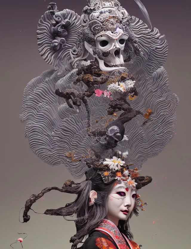 Image similar to 3 d goddess bottom - up with ram skull. beautiful intricately detailed japanese crow kitsune mask and clasical japanese kimono. betta fish, jellyfish phoenix, bio luminescent, plasma, ice, water, wind, creature, artwork by tooth wu and wlop and beeple and greg rutkowski