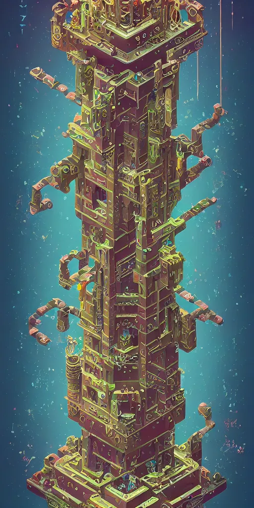 Image similar to isometric portrait of advanced alien, his last moment, mystical, intricate ornamental tower floral flourishes, technology meets fantasy, map, infographic, concept art, art station, style of monument valley, giger, wes anderson