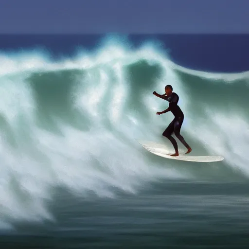 Image similar to barack obama surfing in rough surf with drink in hand, realistic, high detail, volumetric lighting