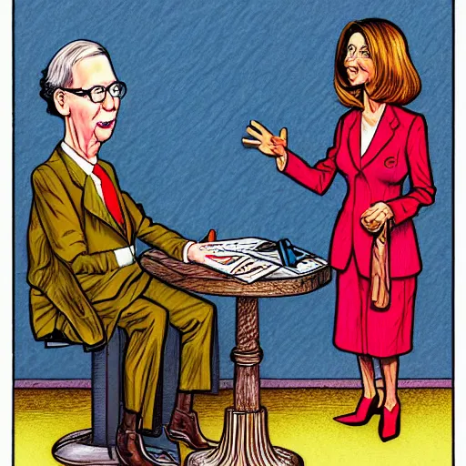 Image similar to The Artwork of R. Crumb and his Cheap Suit Mitch McConnell and Nancy Pelosi, pencil and colored marker artwork, trailer-trash lifestyle