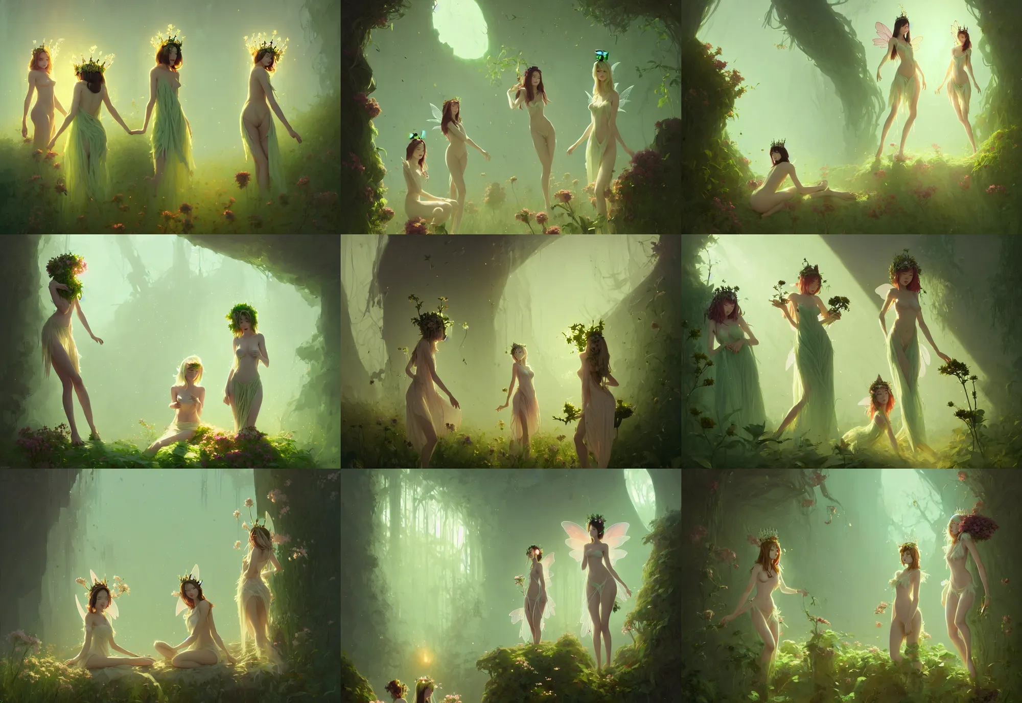 Prompt: two slender fairy women with crown of flowers in plants negligee, fantasy, sun yunjoo, by atey ghailan, by greg rutkowski, by greg tocchini, by james gilleard, by joe gb fenton, dynamic lighting, gradient light green, brown, blonde cream and white color in scheme, grunge aesthetic