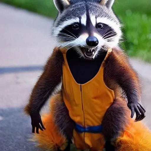 Image similar to a racoon dressed up as goku, realistic.