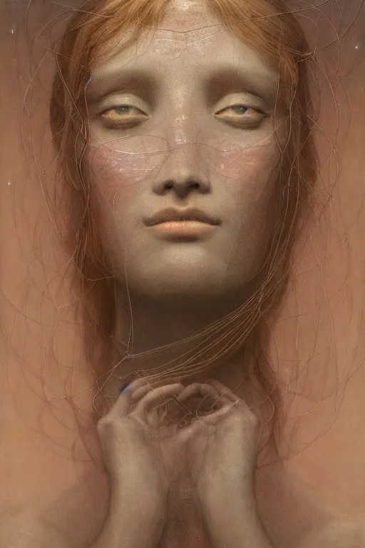 Prompt: Woman's portrait, crystal and opal, Crystal face, shiny, flat background, glowing, wires everywhere, by Edgar Maxence and Ross Tran, Zdzisław Beksiński, and Michael Whelan, distant, gustav dore, H.R. Giger, 8k, octane render