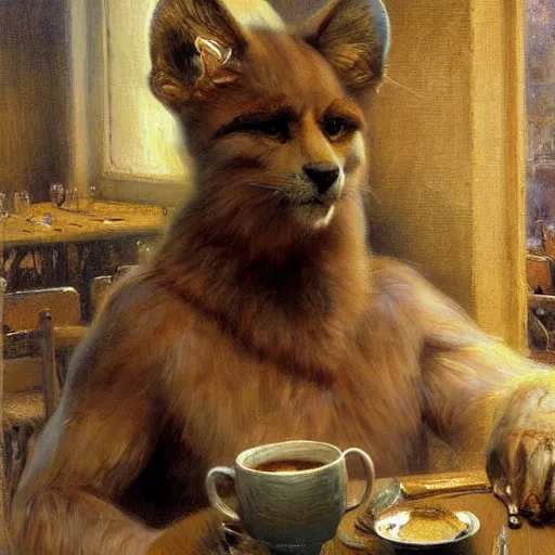 Prompt: a portrait of a furry in a coffee shop, furry body, furry arms, furry legs, furry tail. highly detailed painting by gaston bussiere, craig mullins, j. c. leyendecker, furry