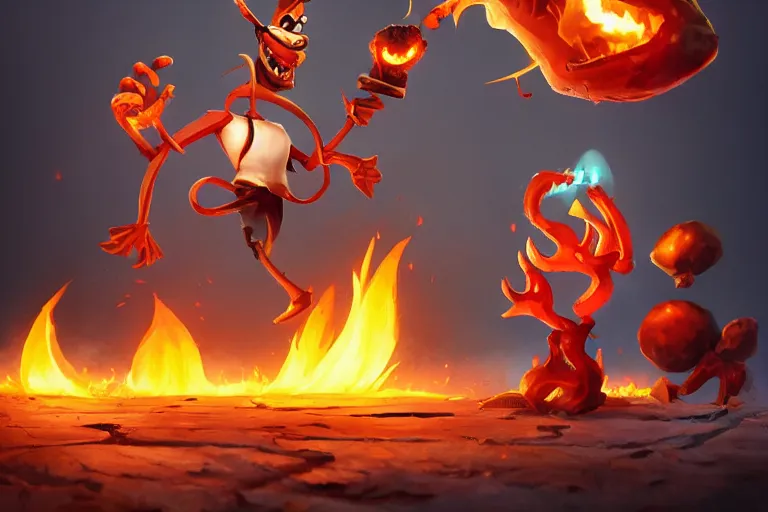 Image similar to a cartoony fire, various items, in the style of Rayman origins, michael ancel, Ruan Jia and Mandy Jurgens and Greg Rutkowski, trending on Artstation, award winning, unreal engine, octane render H 1024