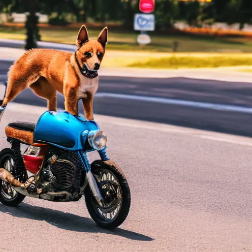 Image similar to blue heeler dog on a motorcycle, 8 k photography, blurred background of a wafflehouse