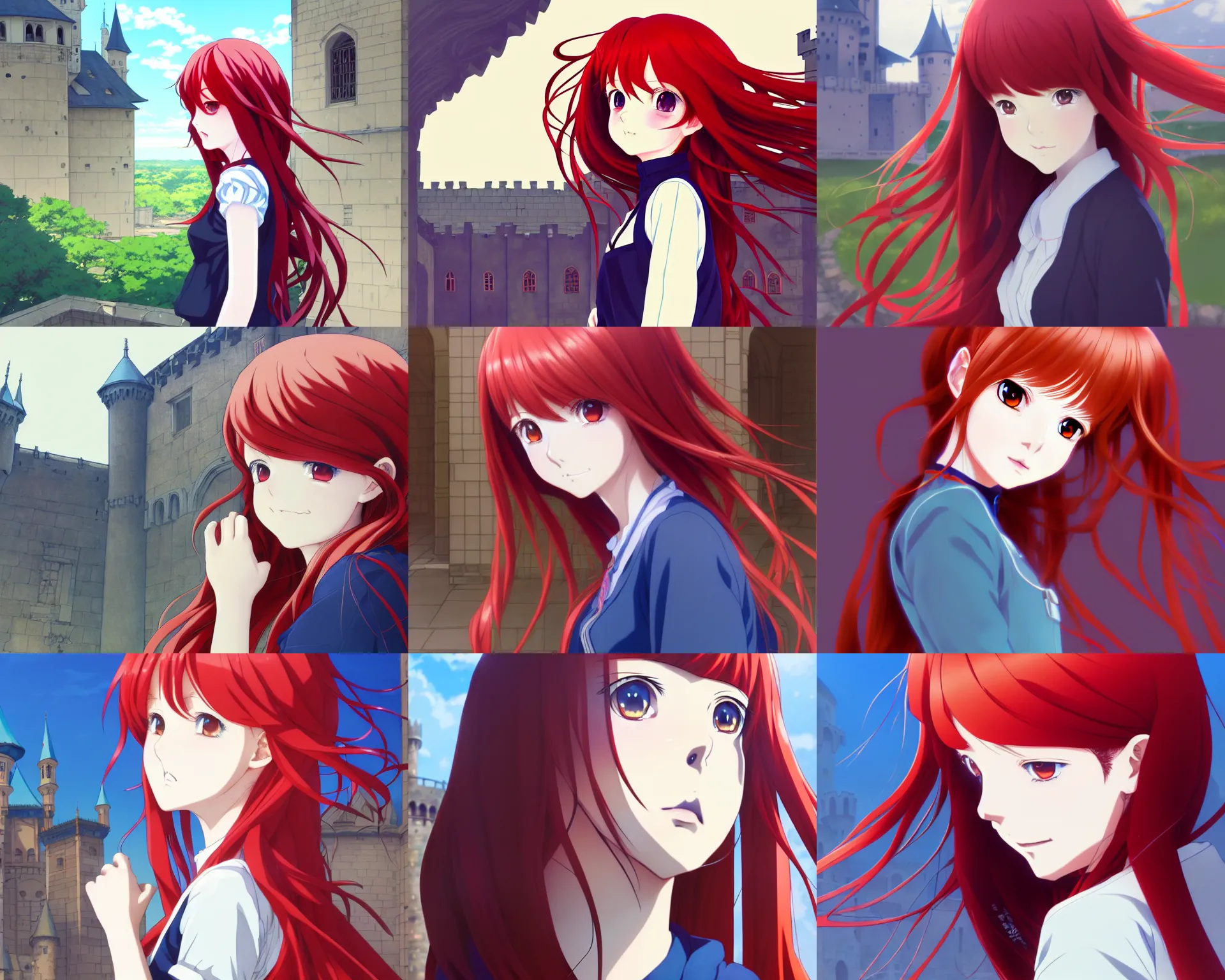 Prompt: anime visual, portrait of a curious young woman with long red hair looking at a medieval palace, cute face by ilya kuvshinov, yoh yoshinari, dynamic pose, dynamic perspective, cel shaded, flat shading mucha, rounded eyes, moody, psycho pass, kyoani, blue tint