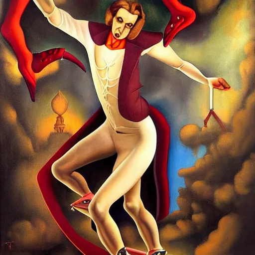 Image similar to dynamic composition, a painting of dracula the vampire skating on roller skates in a medieval roller rink, a surrealist painting by tom bagshaw and jacek yerga and tamara de lempicka and jesse king, featured on cgsociety, pop surrealism, surrealist, dramatic lighting, wiccan, full body portrait, pre - raphaelite, ornate gilded details