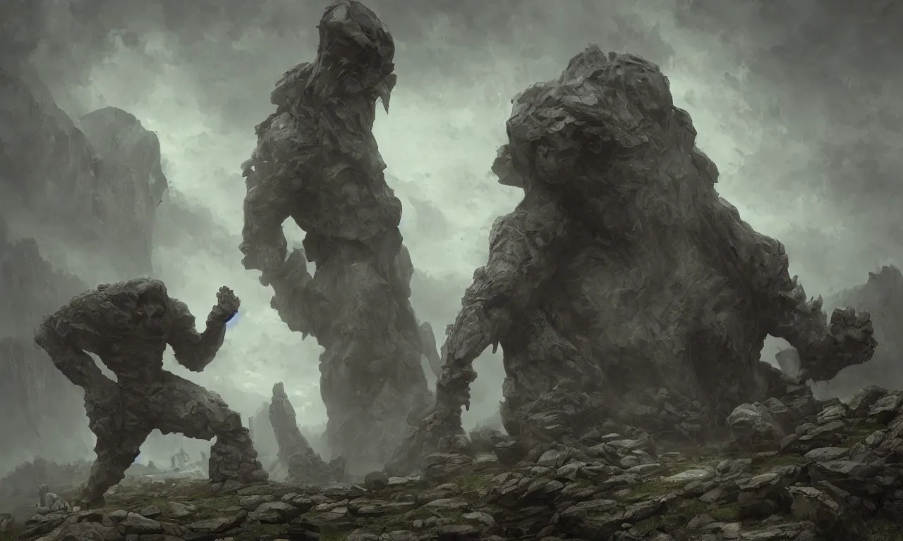 Image similar to angry stone giant. tooth wu, edward gorey, greg rutkowski, andreas achenbach, artgerm, mikko lagerstedt, zack snyder, tokujin yoshioka