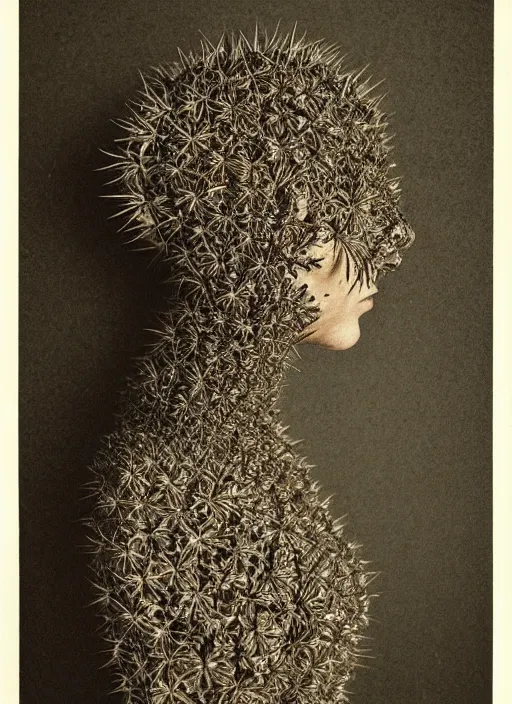 Prompt: a woman's face in profile, made of cactus spines, in the style of the Dutch masters and Gregory Crewdson, dark and moody