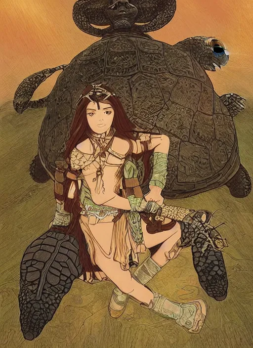 Image similar to portrait of a little warrior girl character sitting on top of a giant armored turtle in the desert, epic character with dark skin and beautiful green eyes. the girl has a very beautiful detailed symmetrical face, long black hair. the turtle has a big wise face and closed eyes, diffuse night light, dramatic landscape, fantasy illustration by mucha