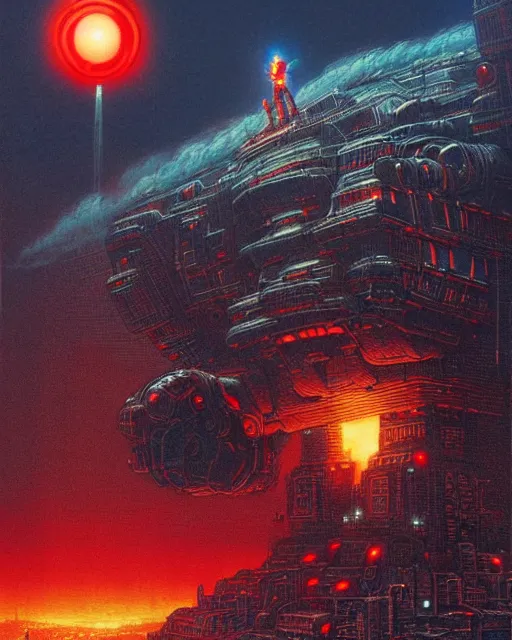 Image similar to giant robot with ominously glowing red eyes stands on top of city that is on fire, concept art, intricate details, highly detailed, in the style of chris foss, rodger dean, moebius, michael whelan, and gustave dore