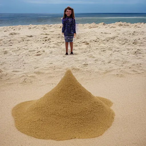 Image similar to a huge tower of sand on the beach a little girl standing next to it
