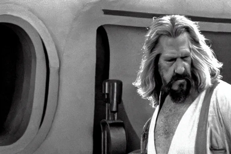 Image similar to A side shot of The Dude from The Big Lebowski bowling in the Mos Eisley Cantina from Star Wars