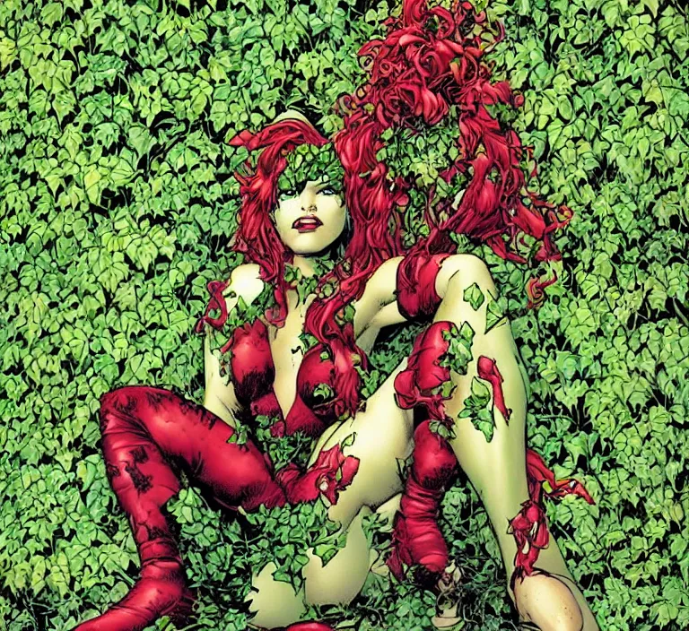 Prompt: dc comics poison ivy character sitting in a throne made of vines, giant venus fly traps, art by joe chiodo, travis charest