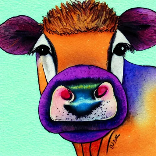 Prompt: portrait of a cute furry cow detailed colorful watercolor and colored pencil painting 4 k