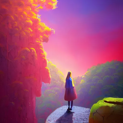 Image similar to giant cherry tree as a head, girl walking in a canyon, surreal photography, sunrise, dramatic light, impressionist painting, colorful clouds, digital painting, artstation, simon stalenhag