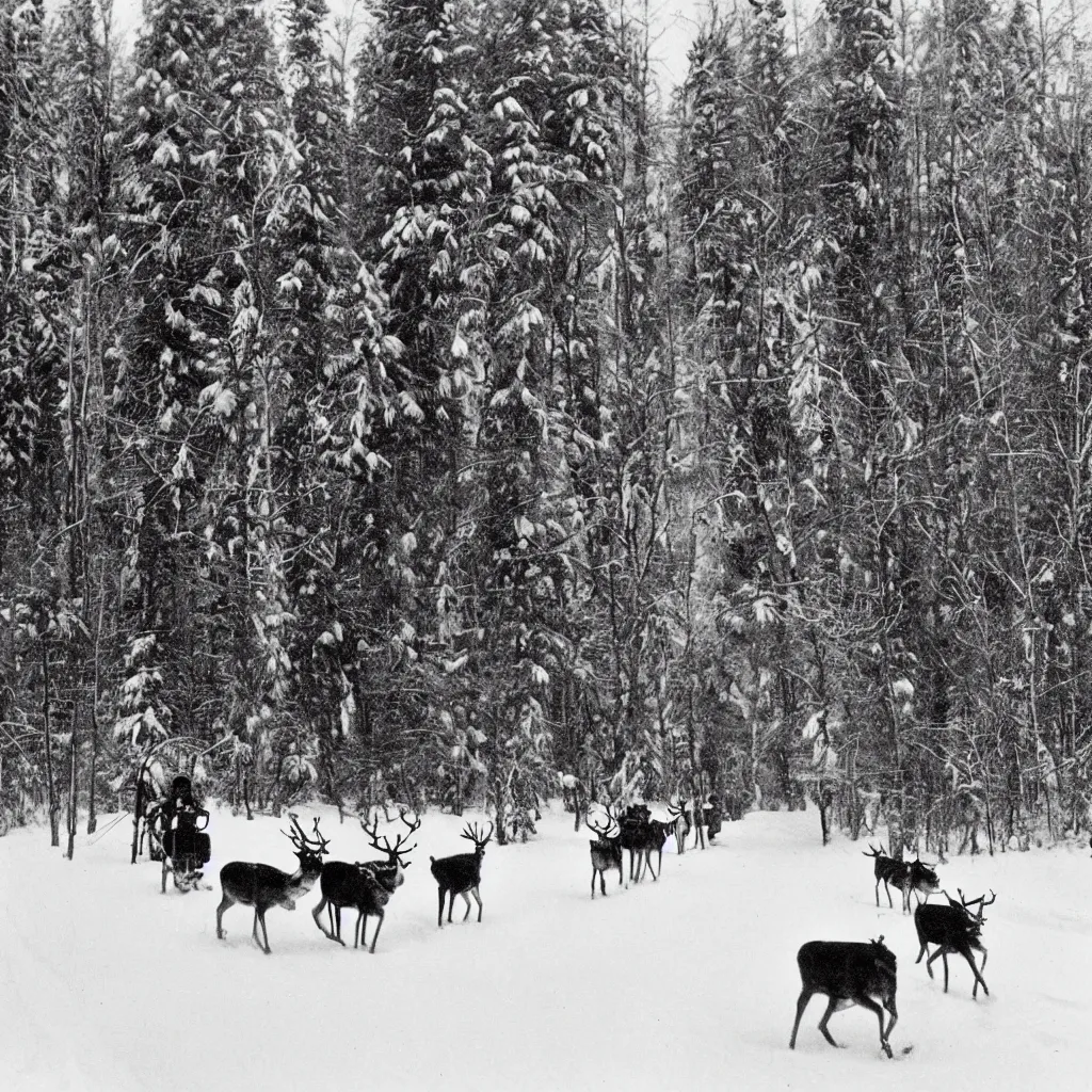 Image similar to world's first photo of man herding reindeer while driving a snowmobile, spruce forest surroundings, mildly snowy atmosphere, cold, winter, 1 9 2 3, finland