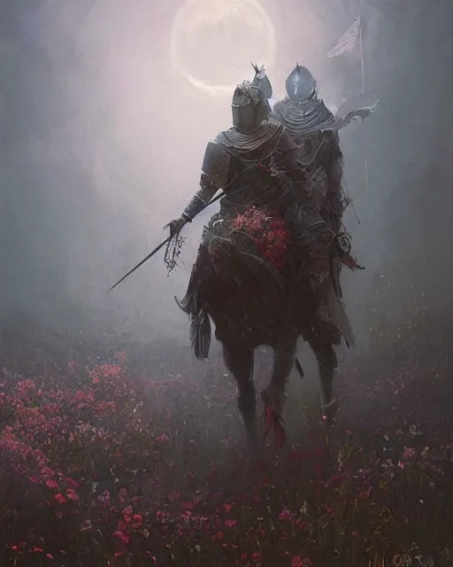 Image similar to Hyper realistic oil painting of a knight covered in flowers, fog, volumetric lighting, nighttime, moonlight, creepy, by greg rutkowski