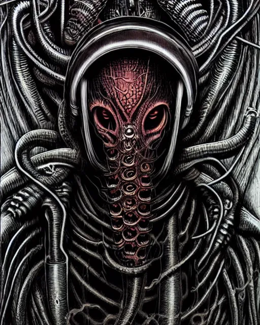 Image similar to dark scary atomospheric detailed outsider cyberpunk demon with scaly tentacles from the netherealm wearing a gas mask by hr giger and alex grey