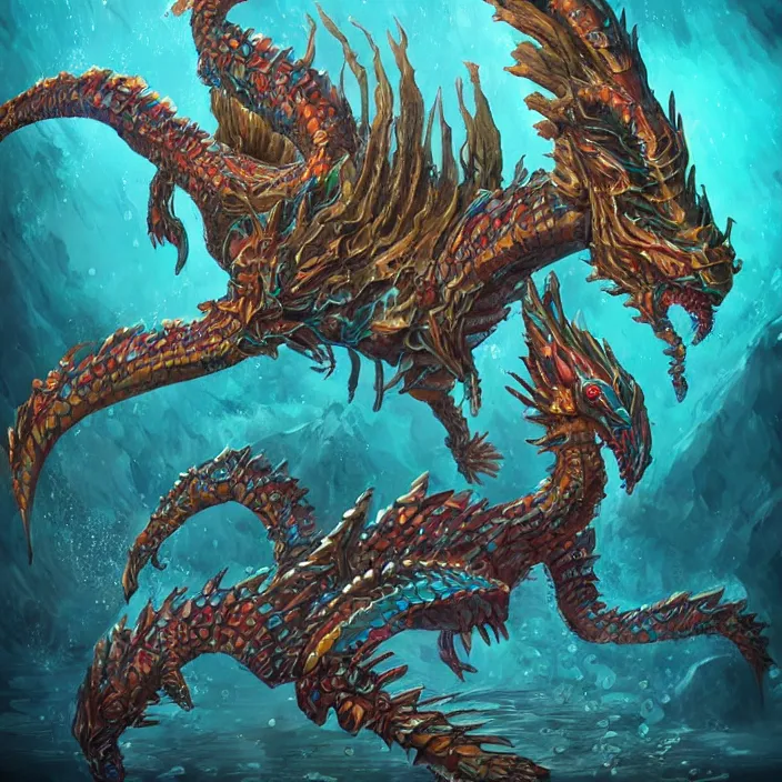 Image similar to underwater sea dragon full body, d & d style, trending on artstation, intricate, highly detailed, vivid painting, colorful, art by alexandr leskinen