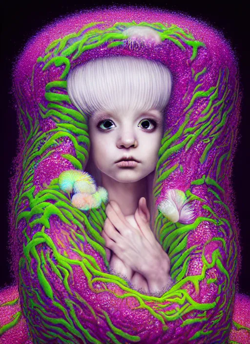 Prompt: hyper detailed 3d render like a Oil painting - kawaii portrait Aurora (white haired Singer Ferret) seen Eating of the Strangling network of yellowcake aerochrome and milky Fruit and Her delicate Hands hold of gossamer polyp blossoms bring iridescent fungal flowers whose spores black the foolish stars by Jacek Yerka, Mariusz Lewandowski, Houdini algorithmic generative render, Abstract brush strokes, Masterpiece, Edward Hopper and James Gilleard, Zdzislaw Beksinski, Mark Ryden, Wolfgang Lettl, hints of Yayoi Kasuma, octane render, 8k