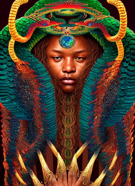 Prompt: : Quetzalcoatl shamen fantasy, fantasy magic, , intricate, sharp focus, illustration, highly detailed, digital painting, concept art, matte, jahbu art and Paul lewin and kehinde wiley, masterpiece