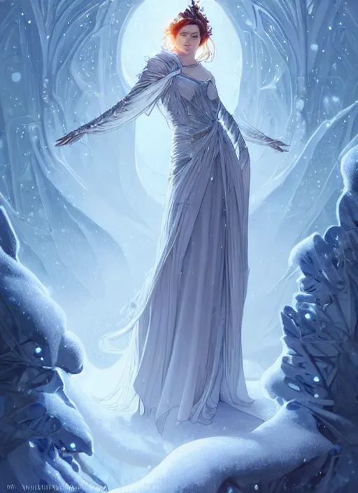 Image similar to a beautiful cinematic female winter goddess, cristal dress, ice wing, galatic shamen with quantum energy fantasy, fantasy magic, undercut hairstyle, dark light night, intricate, elegant, sharp focus, illustration, highly detailed, digital painting, concept art, matte, art by wlop and artgerm and greg rutkowski and alphonse mucha, masterpiece