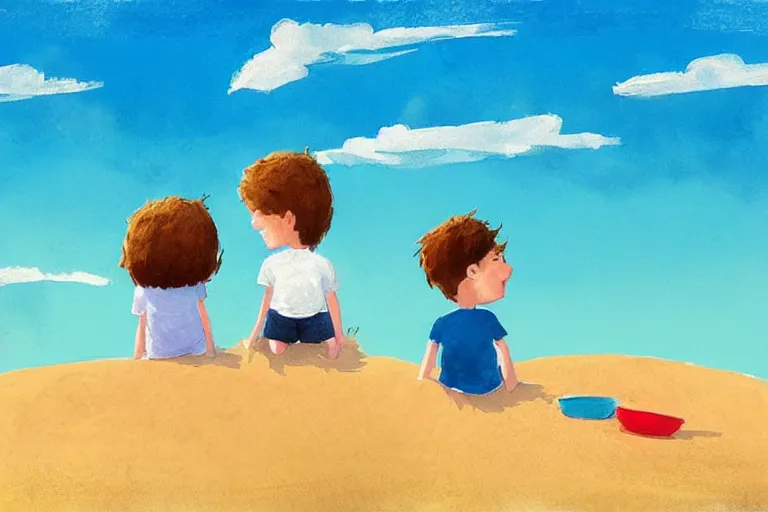 Image similar to Two happy children sitting on the beach making sandcastles, blue sky, HD, comic book, illustration by Benji Davies