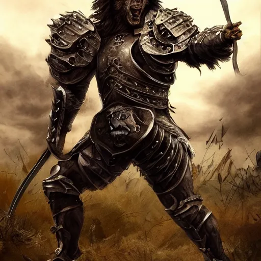 Image similar to a muscular lion wearing battle armor, holding a sword, standing on a bloody battlefield, full body, epic, fantasy, highly detail, art