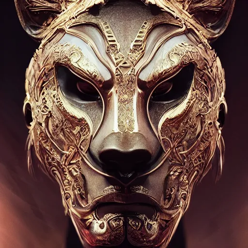 Image similar to Very very very very highly detailed epic zoom out photo of face with lion venetian mask, intricate, dystopian, sci-fi, extremely detailed, digital painting, artstation, concept art, smooth, sharp focus, illustration, intimidating lighting, incredible art by Artgerm and Vincent di Fate