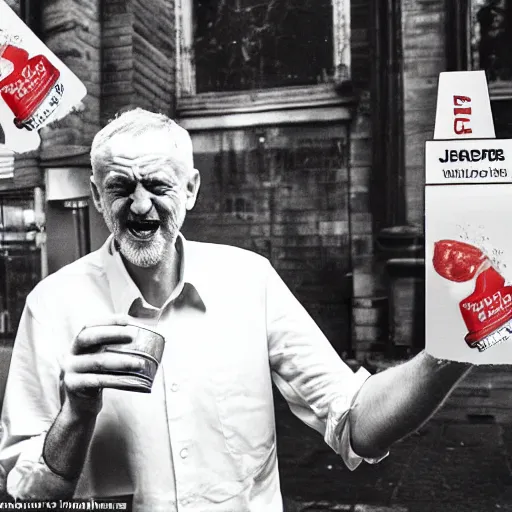 Image similar to jeremy corbyn with a crazed look on his face with one hand filled with ketchup and one hand filled with cheese