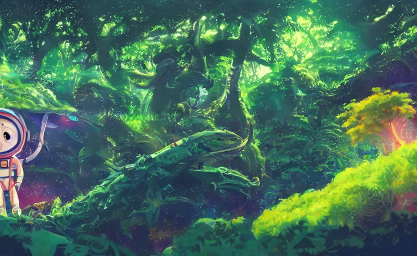 Image similar to a still of a cute adorable tiny astronaut, on a planet of lush colorful foliage, with an enormous kaiju dragon surrounding the full background, magical forest, sharp focus, neon backlit, highly detailed, disney pixar studio ghibli makoto shinkai, digital painting, matte, octane render, global illumination, iridescent, anime, 8 k concept art