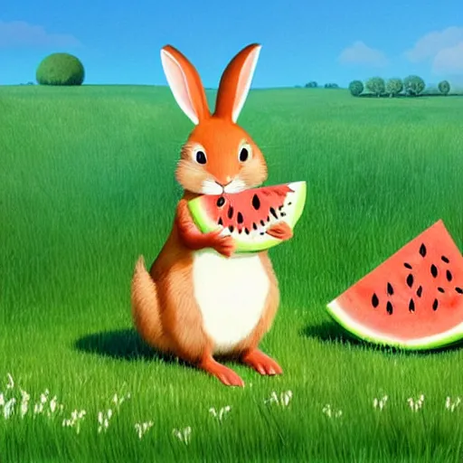 Prompt: a cute rabbit eating watermelon on the green meadow, a storybook illustration by goro fujita