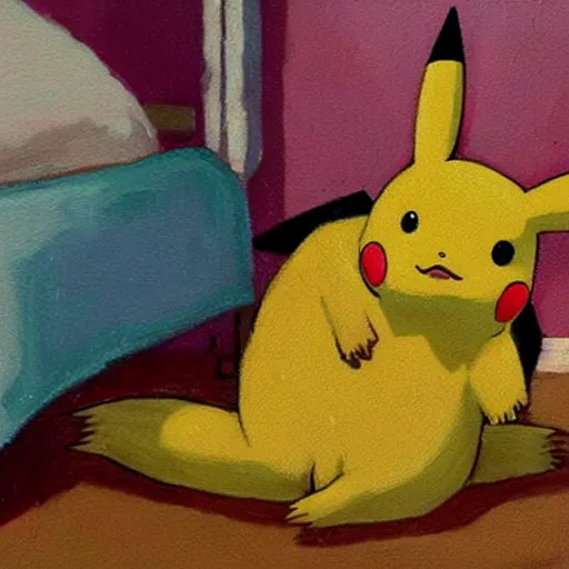 Image similar to sad masterful oil painting of twice divorced alcoholic pikachu alone in his room