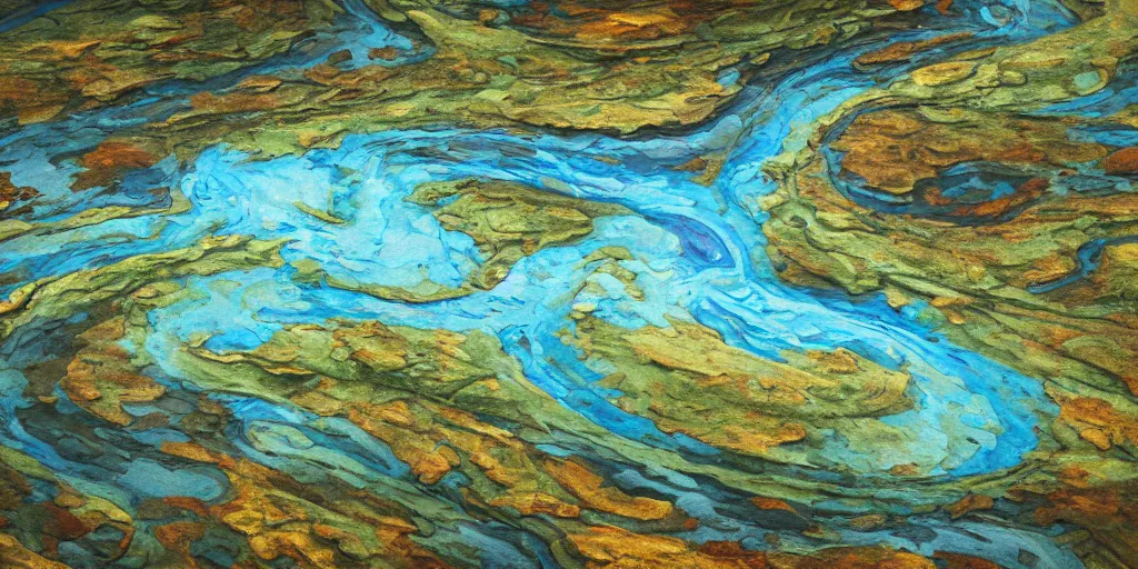 Image similar to abstract 3d landscape painting with a meandering river at noon by james jean and David Schnell painted in no mans sky style, redshift, octane