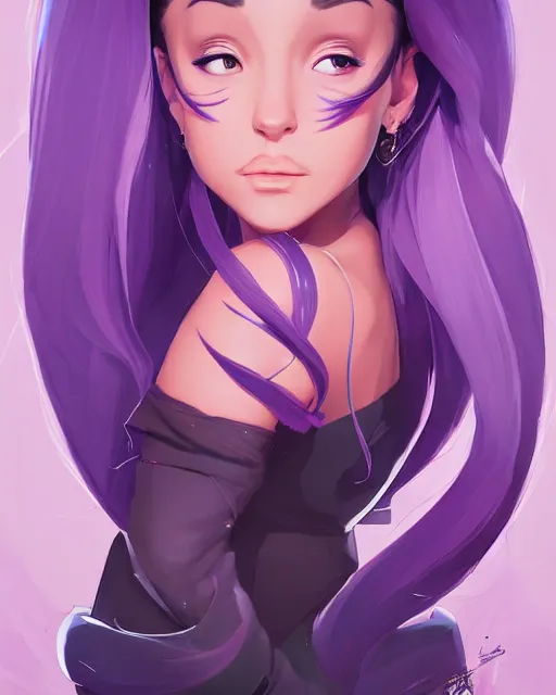 Image similar to beautiful Ariana Grande purple hair tattoos symmetrical face eyes full length fantasy art icon, 2d art cover , official fanart behance hd artstation by Jesper Ejsing, by RHADS, Makoto Shinkai and Lois van baarle, ilya kuvshinov, rossdraws